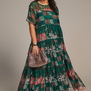 Anthropologie Bhanuni Jyoti Tiered Short-Sleeve Green Pink Floral Maxi Dress
